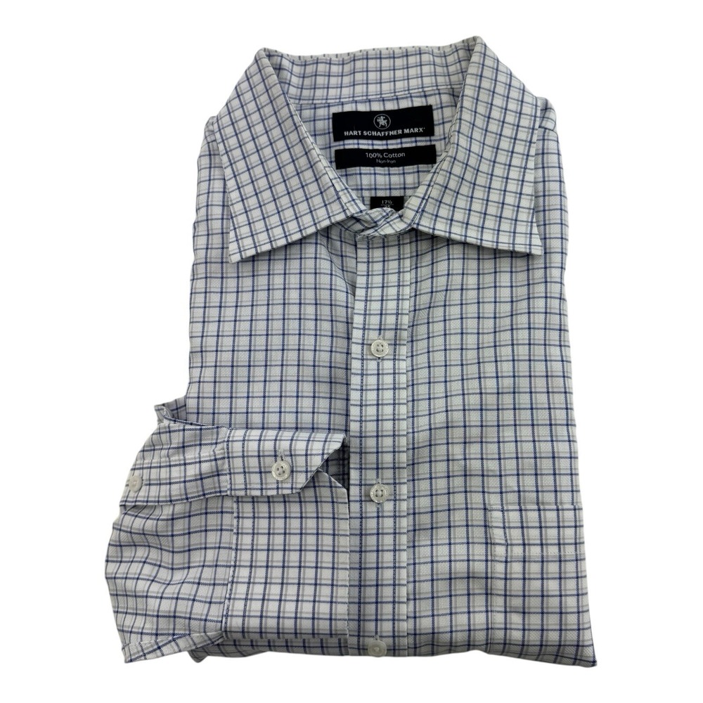 Hart Schaffner Marx White Blue Gray Check Non-Iron Cotton Button Up Mens 17.5/35